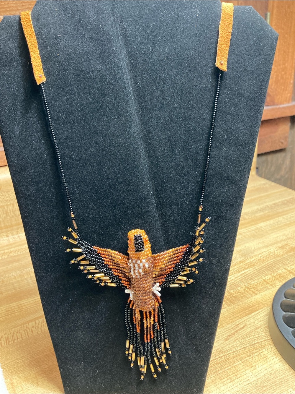 Artisan Orange Beaded Hawk Pendant Necklace